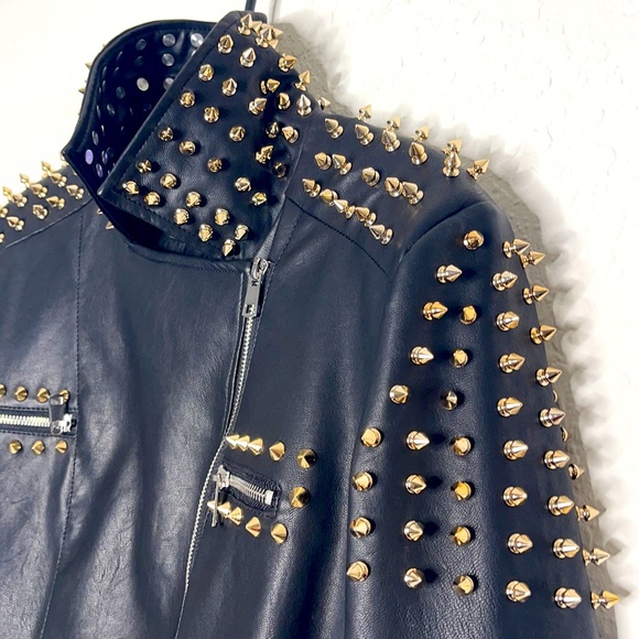 Black FAUX VEGAN Leather Studded Jacket - Picture 3 of 8